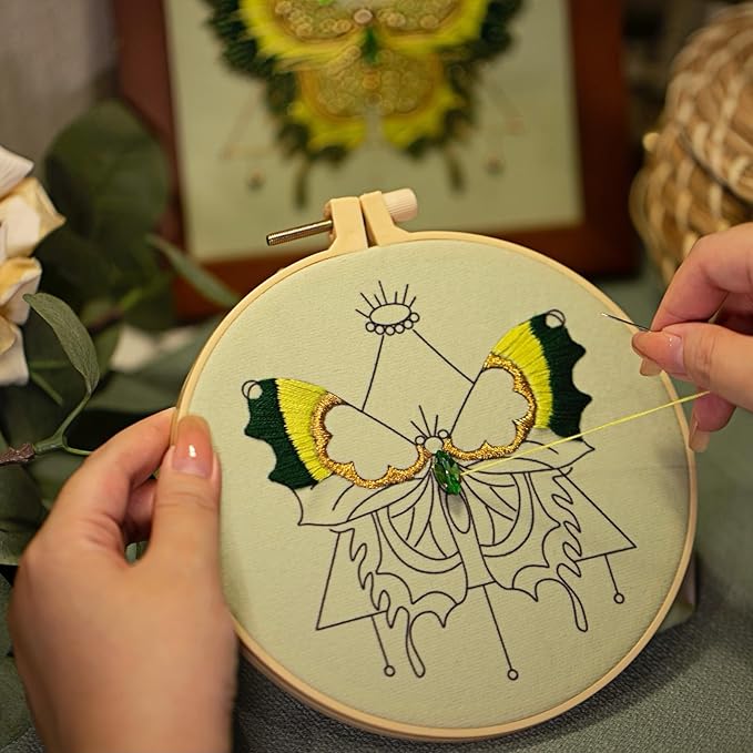 Craftreasure Embroidery Kit for Adults, Butterfly Embroidery Kit for Beginners Include Embroidery Beads Threads for Craft Lover Hand Stitch with Embroidery Skill Technique (Green - Easy)