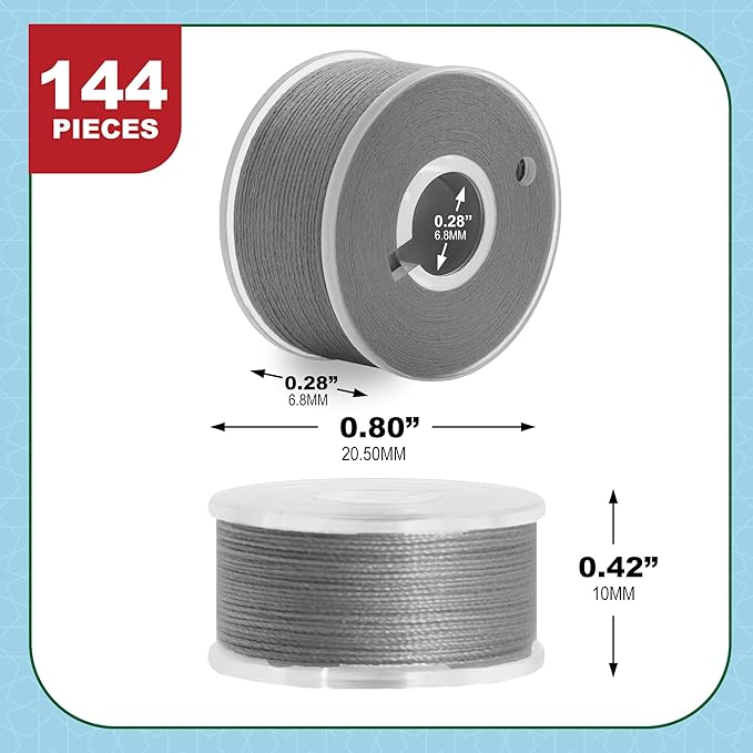 Mandala Crafts 144 Medium Gray SA156 Prewound Bobbins for Singer Sewing Machine -15J SA156 Prefilled Bobbin Thread for Brother Sewing Machine and Embroidery