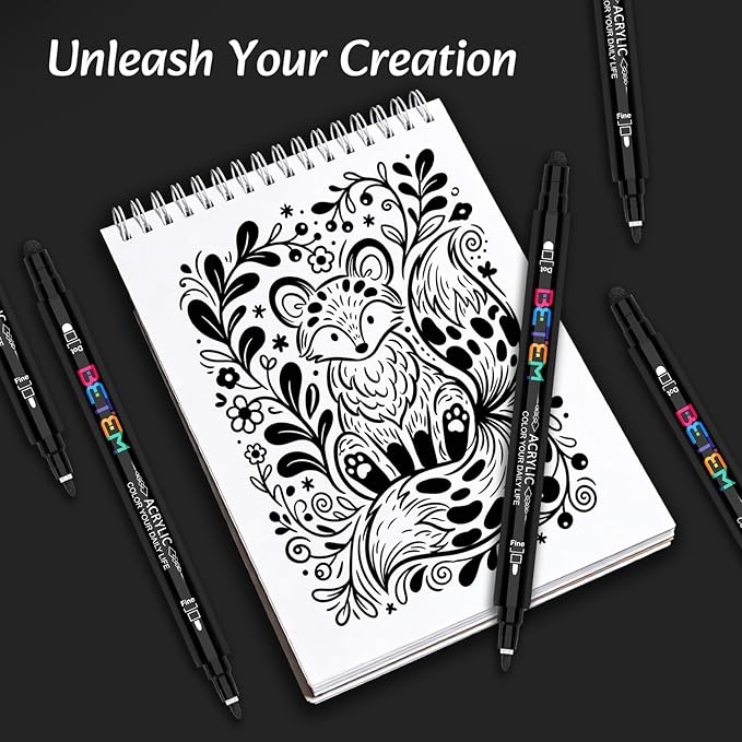 Betem 6 Black Dual Tip Acrylic Paint Pens Markers, Fabric Decorating Kits Premium Water-Based Acrylic Paint Markers for Fabric, Rock, Wood, Glass, Eggs, Canvas, Ceramic, Easter Basket Stuffers