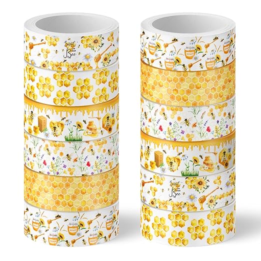 Whaline 12 Rolls Bee Washi Tape Bumble Bee Honeycomb Sunflower Washi Tapes Watercolor Yellow Decorative Masking Tape for Spring Summer Scrapbook Journal DIY Art Craft Gift Wrapping