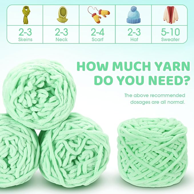 Buryeah Chunky Chenille Yarn for Crocheting Soft Thick Fluffy Yarn for Hand Knitting Bulky Velvet Blanket Plush for Weaving DIY Crafts Each 3.5 oz 55 Yards(Light Aqua,4 Pack)