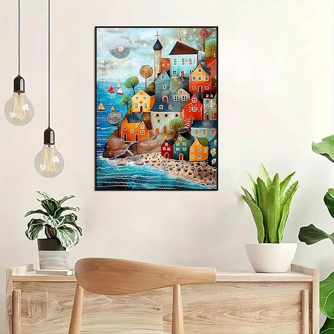 ijbnhd Diamond Art Kits for Adults - House Diamond Painting Kits for Adults, 5D Diamond Painting Dream House, DIY Full Drill Diamond Painting Beach Gem Art Crafts 12x16inch