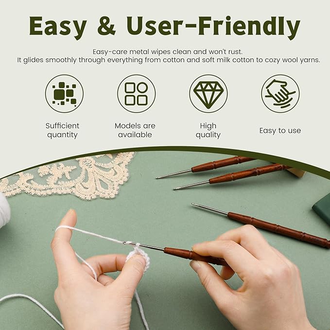 Wuadua 2mm Crochet Hook, Ergonomic Crochet Hook with Wooden Handle, Crochet Needle for Arthritic and Beginner, Ideal for Lace Thread, Perfect for Small Crocheting Coasters, Tablecloths, Placemats
