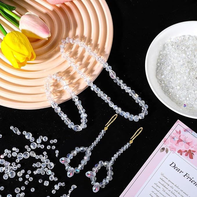 1000Pcs Glass Beads for Jewelry Making Crystal Beads for Bracelet Craft Necklace Earring Making Assorted Color 5 Style/Crackle Round/Briolette Faceted/Bicone/Cube/Four-Leaf Clover / 4 Size