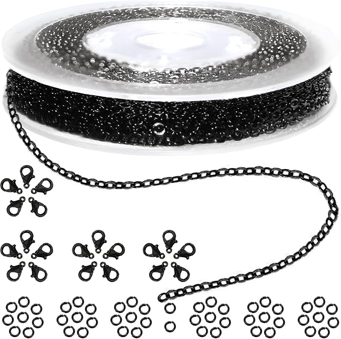 jishi 33ft link cable chain roll 2mm, black chain for jewelry making necklace earring bracelet diy craft jewelry making findings supplies, black plated iron metal rolo necklace chain spool set