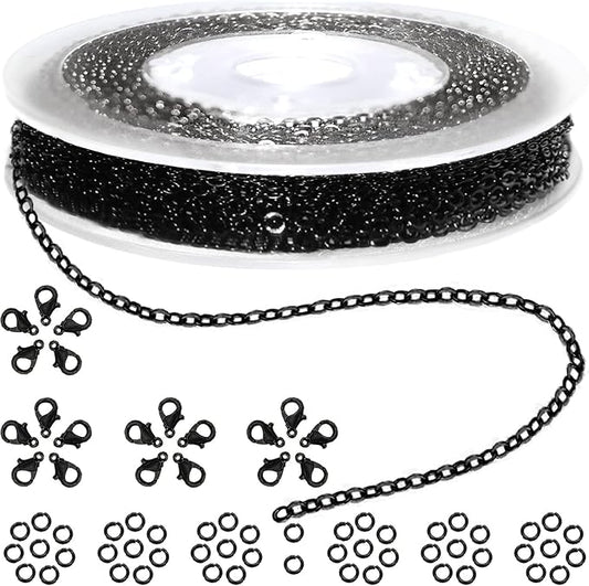 jishi 33ft link cable chain roll 2mm, black chain for jewelry making necklace earring bracelet diy craft jewelry making findings supplies, black plated iron metal rolo necklace chain spool set