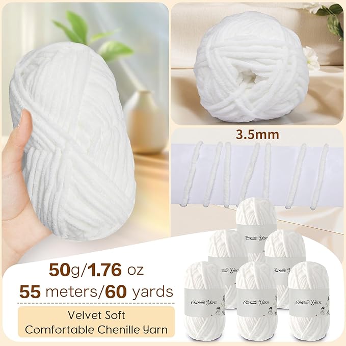 SIMEIQI 6 Pack of 1.76oz Chenille Yarn for Crocheting,60yards Soft Fluffy Velvet Yarn, Ideal Crochet for DIY Baby Blankets Toys Scarves Throw Pillows Hats Cushions(White)