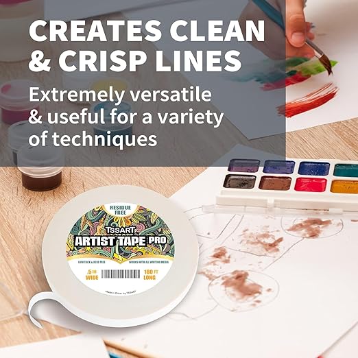 White Artist Tape Pro - Low Tack Masking Artists Tape for Drafting Art Watercolor Painting and All Paper Media - Acid Free 1/4inch Wide 180FT Long