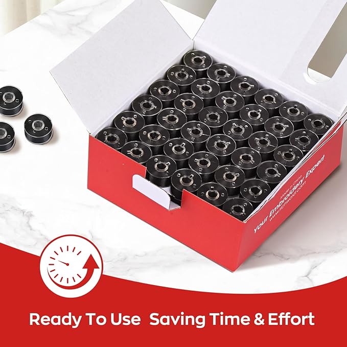 Poolin Richword Selected Prewound Bobbins, Plastic Sided,144pcs Size L(SA155), 70D/2(60WT) Polyester Bobbin Thread for Commercial Multi Needles Embroidery Machine, Black 105 Yards