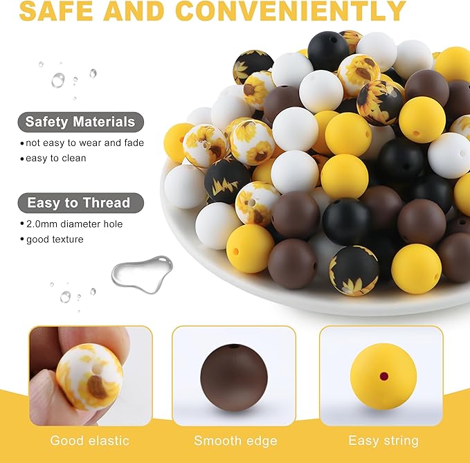 150Pcs Mixed Color 15mm Silicone Beads for Keychain Making, Chocolate Yellow Flower Print Silicone Beads for Pens and Bracelet Jewelry Making