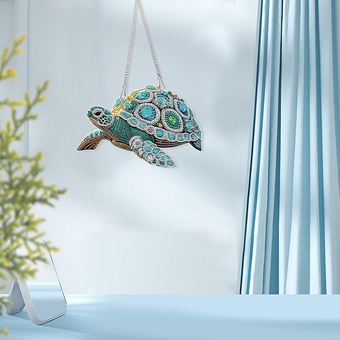 DIY Diamond Painting Sea Turtle Hanging Ornament Kit – 5D Crystal Turtle Wall Art Craft with Chain – Ocean Animal Rhinestone Suncatcher Decoration for Home Window Door Balcony Gift Idea