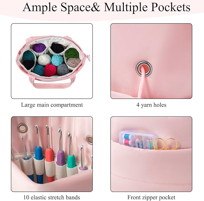 Crochet Bag for Yarn Storage, Puffer Knitting Bag with Soft Handles, Lightweight Yarn Storage Organizer with Zipper for Crochet Accessories, Gifts for Crocheters (Pink)