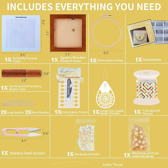 Craftreasure Beginner Embroidery Kit for Adults, Butterfly Cross Stitch Kits Include Embroidery Beads Threads Needles for Craft Lover Hand Stitch with Embroidery Skill Technique(Golden - Beginner)