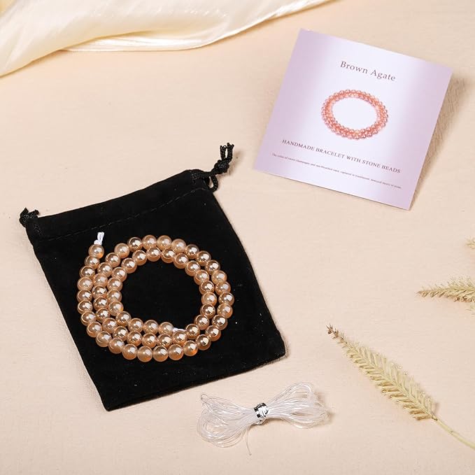 Stone Beads, 45pcs Brown Agate, 8mm Round Loose Beads for Jewelry Making, Bracelets, with Bag, String & Card