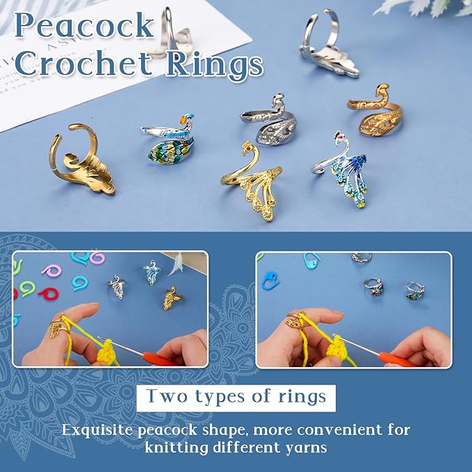 Yizzvb 34 Pcs Adjustable Crochet Ring Set, 8 Pcs Knitting Ring, Tension Thimble for Crocheting, Thimble for Finger, Stitch Markers Plastic Needles for Beginners, Crochet Accessories with Storage Box
