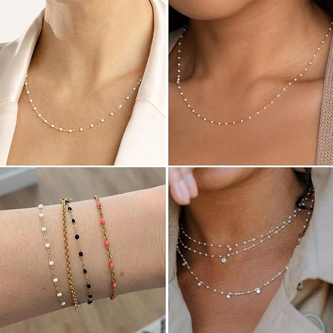 33 Feet Gold Enamel Chains Bulk, 2mm 18K Gold PVD Plated 304 Stainless Steel White Enamel Beaded Cable Link Chain Roll Spool for Jewelry Making
