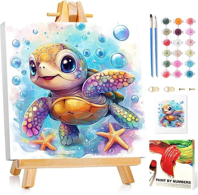 Paint by Numbers Kit for Kids with Frame, Sea Turtle Paint by Numbers for Kids Ages 4-8-12, DIY Turtle Acrylic Oil Painting for Home Wall Art Decor Gift 7.8x7.8 inch (with Frame Easel)