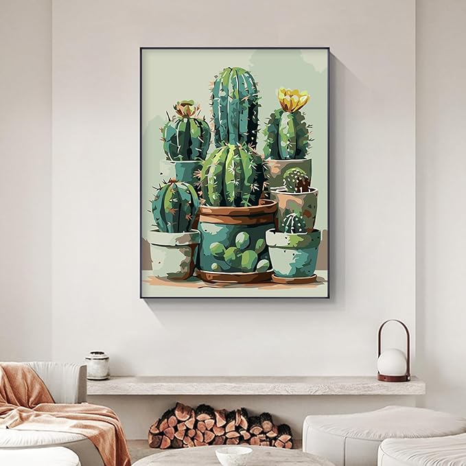 Yezavesu Cactus Framed Paint by Numbers Kit for Adults Beginner, 12x16 Inch Cactus Paint by Numbers with Frame, DIY Number Painting for Adults Plant for Home Wall Decor Gift