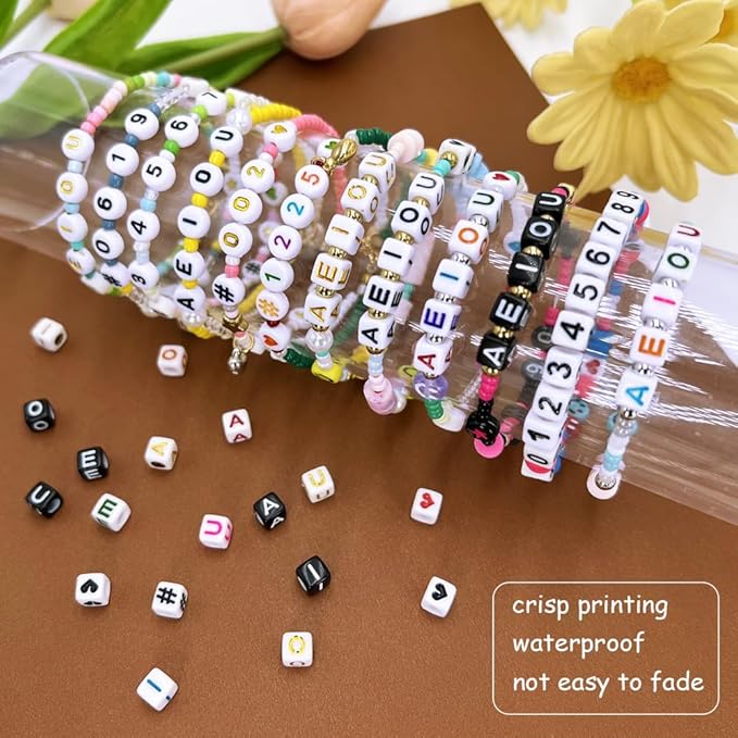 MIIIM 500pcs Vowel Pony Letter Beads for Keychains Making (A, E, I, O, U), 6x6mm Large Hole Square Letter Beads for Bracelets Making, Alphabets, Numbers (White and Colorful)