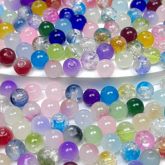 300pcs 8mm Glass Beads, Assorted Glass Beads for Jewelry Making, Colorful Round Spacer Crackle Bead Kit for Bracelet Necklace DIY Craft