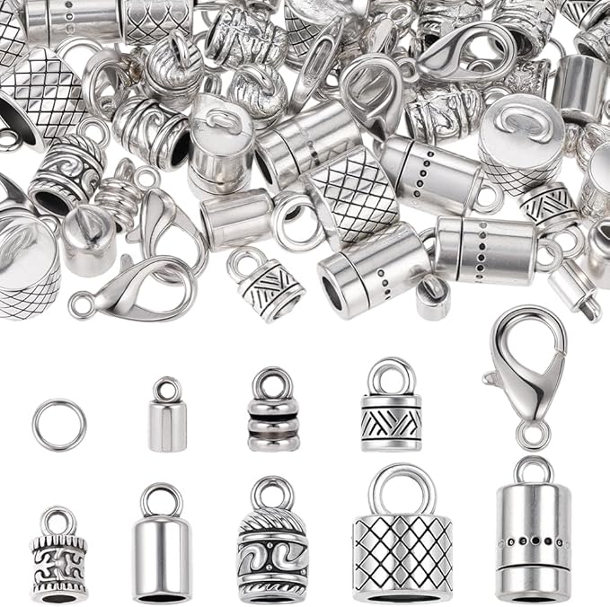 SUNNYCLUE 1 Box 230pcs Leather Cord Ends Kumihimo Cord Ends Alloy Vintage Antique Silver Glue in Crimp End Caps with Lobster Clasps Jump Rings for Jewelry Making Kit Bracelet Accessories Craftings