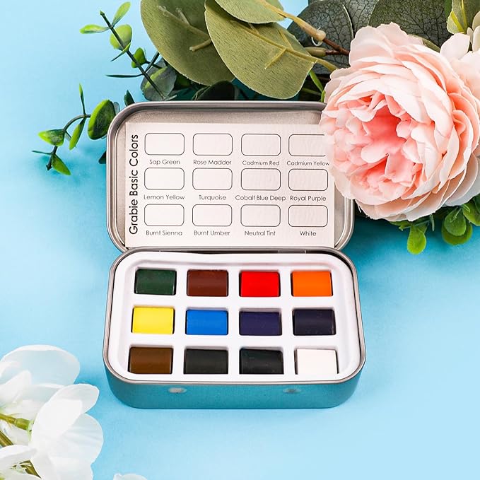 Grabie Pocket Watercolor Set of 12, Travel Watercolor Paint Set, Watercolor Paints, Art Supplies for Painting, Great Watercolor Set for Artists, Amateur Hobbyists and Painting (Essential Color)