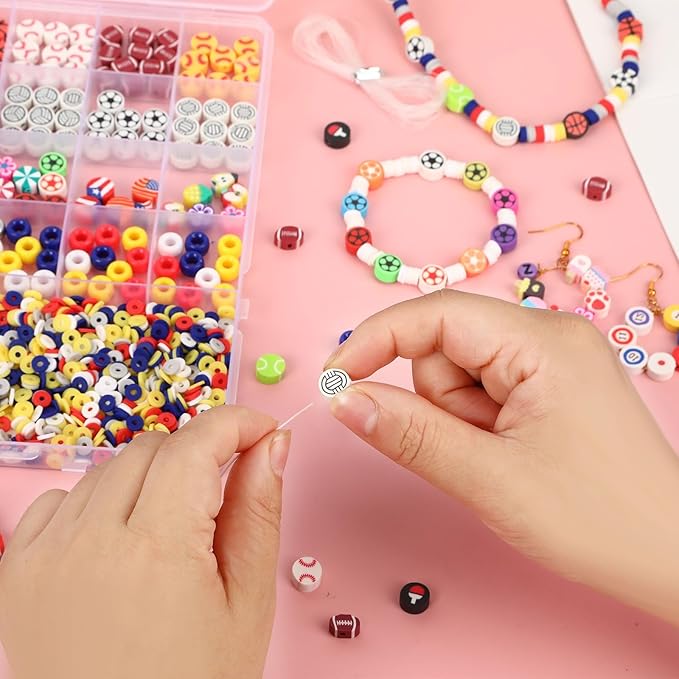 Augshy 1875 Pcs Sports Polymer Clay Beads Kit for Jewelry Making Sports Ball Themed Bead Mixed Football Baseball Soccer Volleyball Beads with Alphabet Beads, Pony Bead, Strings for DIY Bracelets
