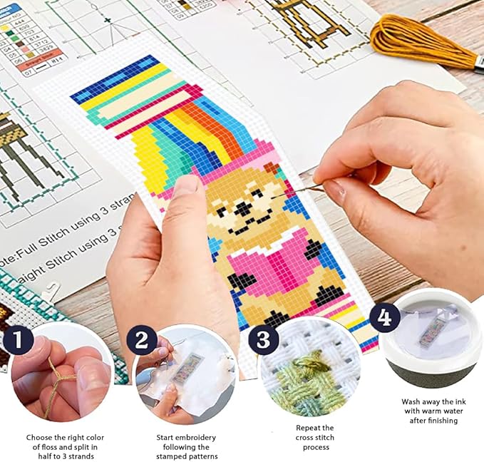 ORIGACH 6 Set Reading Animals & Book Stacks Cross Stitch Bookmark Kit for Beginner with Backing Felt Floss Instructions DIY Stamped Embroidery Bookmark Kit for Adults, Book Lovers
