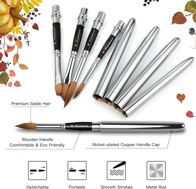 Sable Travel Watercolor Brushes, Fuumuui 4pcs Kolinsky Sable Watercolor Travel Brushes with Leather Pouch - Fine Point Rounds Dagger Flat for Watercolor Gouache Ink Painting