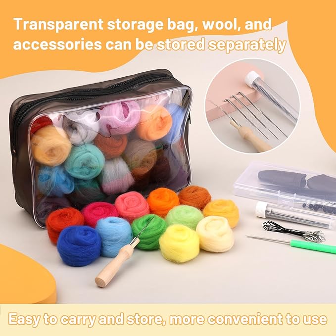 SOCNITC 45 Colors Needle Felting Kits for Beginners, Needle Felting Supplies with Tools, Felt Starter Kits with Needles, Storage Bag for DIY Handcrafts Decoration