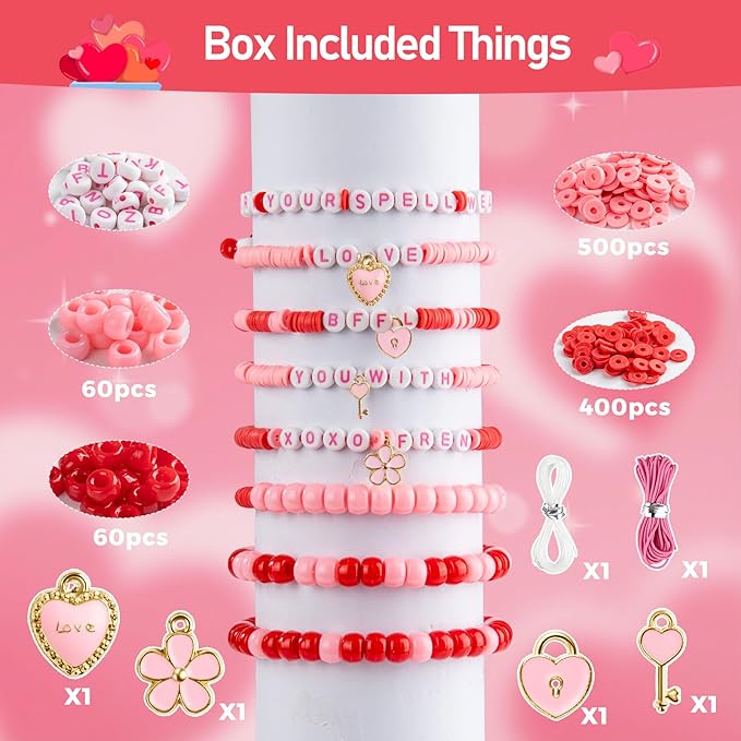 Taybonds Valentine's Day Bracelet Making Kit – Heart-Shaped Bead Box with Red & Pink Pony & Clay Beads, Letter Beads, Charms & Elastic Cord, Valentine Jewelry Gift Set