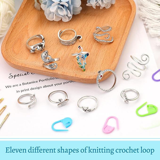 11 Pcs Crochet Ring, Adjustable Knitting Tension Rings, Finger Loop Yarn Rings Crochet Ring for Finger, Cat Guide Knitting Thimble, Faster Knitting Accessories for Mother Grandma