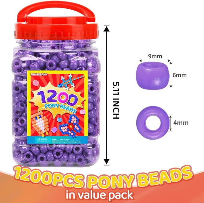 praisebank pony beads, 1200pcs 6x9mm, wholesale beads, bracelets jewelry making, arts & crafts(purple)
