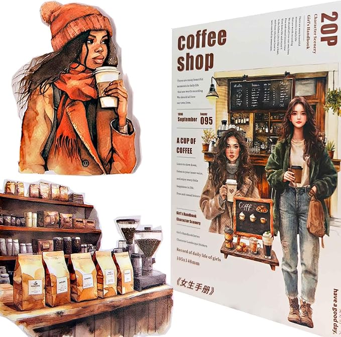 20 Sheets Coffee Sticker Book for Journaling, Fashion Colored Girl Sticker Book for Scrapbook Supplies, Pre-Cut Aesthetic Waterproof PET Translucent Stickers for Junk Jounal Bujo