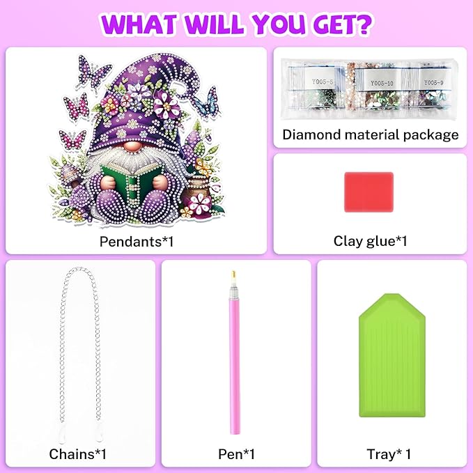 Bowetile Gnome Diamond Art Hanging Kits for Adults, 5D Special Shape Diamond Painting Flowers Pendant Kits, Gem Art Suncatchers Painting Window Ornament for Home Garden Wall Decor