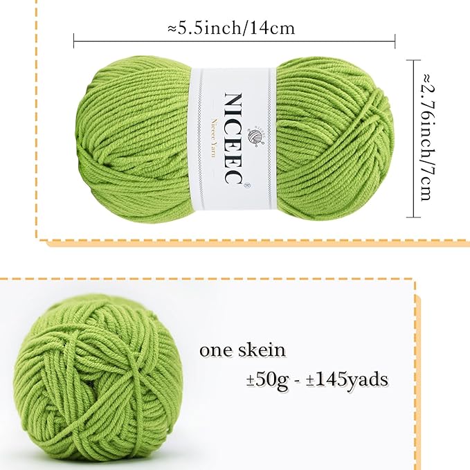 NICEEC 300g Soft Assorted Colors Yarn - Sport Weight,100% Acrylic, 4 Ply, Bonbons Yarn for Crochet & Knit, DIY Project Starter Kit for Kids or Adults(Total 870yds) - Spring Green