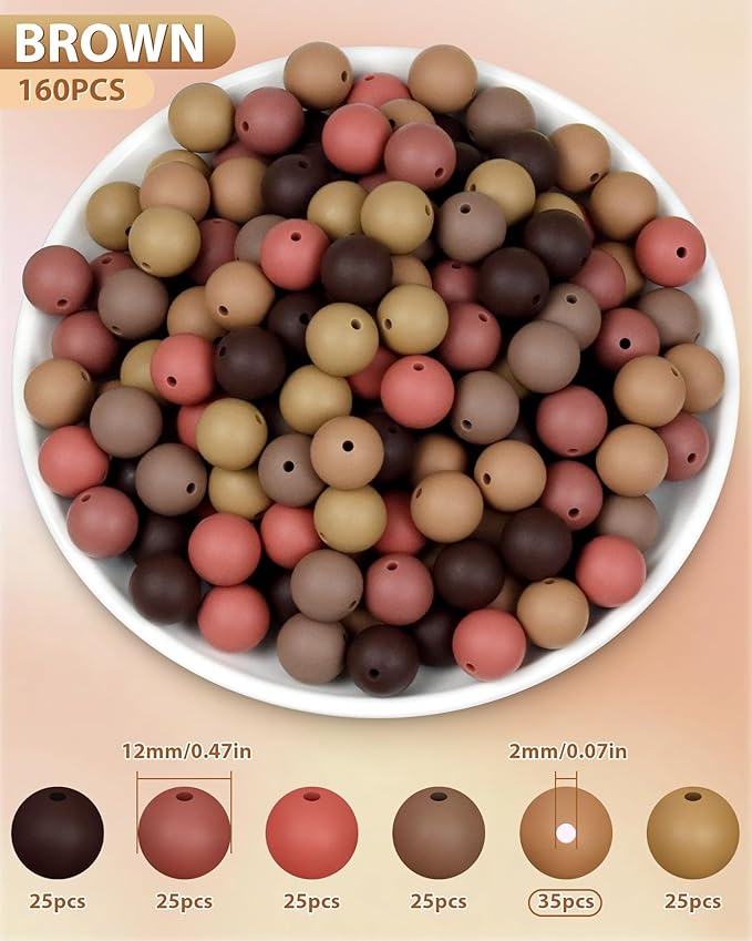 160pcs fiveizero 12mm silicone beads for keychain making, brown mixed 6 colors round silicone bead bulk for pens, rubber beads for bracelets and diy crafts