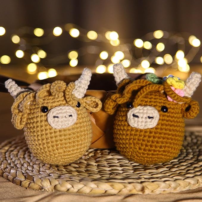 CrochetBox Crochet Kit for Beginner, 2 PCS Highland Cow Easy Learn How to Crochet Stuffed Animals Gift for Adults and Teen(), Knitting Set with Yarn Hook Stitch-by-Stitch Video Tutorial
