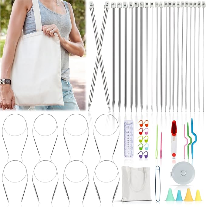 Katech Knitting Needles Set for Beginners, 9 Pairs Circular Knitting Needles Set and 22 Pcs Single Pointed Knitting Needle Set with Tote Bag Knitting Accessories Knit Supplies
