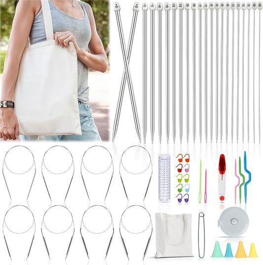 Katech Knitting Needles Set for Beginners, 9 Pairs Circular Knitting Needles Set and 22 Pcs Single Pointed Knitting Needle Set with Tote Bag Knitting Accessories Knit Supplies