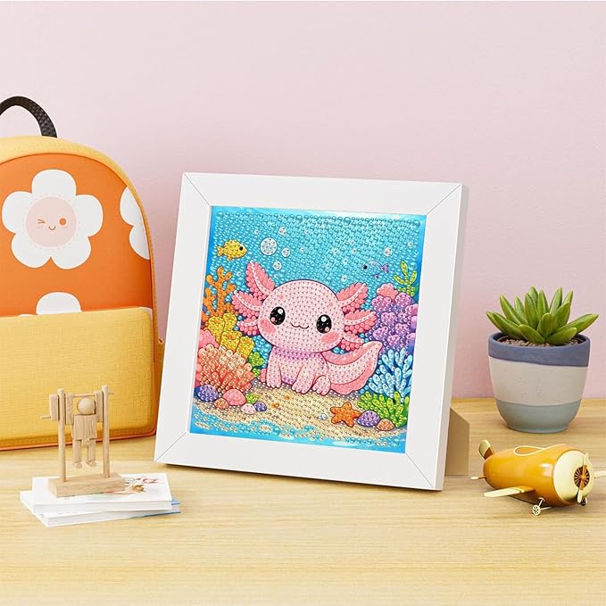 Axolotl Diamond Art Painting Kits for Kids with Frame, Animal Diamond Art for Kids Ages 4-8-12 with Frame, Easy Small Cute Gem Painting Kit for Gift Home Wall Decoration (7x7 inch)