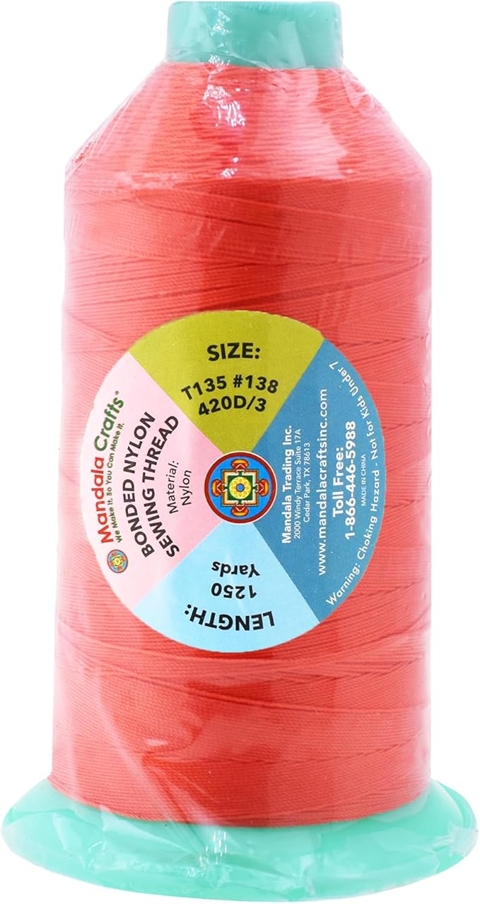 Mandala Crafts Size 138 420D T135 Bonded Nylon Thread - Coral 1250 YDs Tex 135 Heavy Duty Sewing Threads for Leather, Jeans, Weaving, Outdoor Marine Upholstery