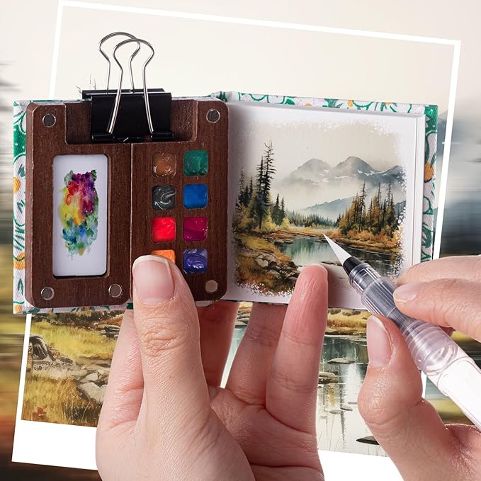 Qilery Mini Portable Watercolor Palette Set Wooden Grid Paint Box Watercolor Paper Sketch Book Brush Pens with Binder Clip for Painters Artist Not Include Paint(Mountain Chrysanthemum)