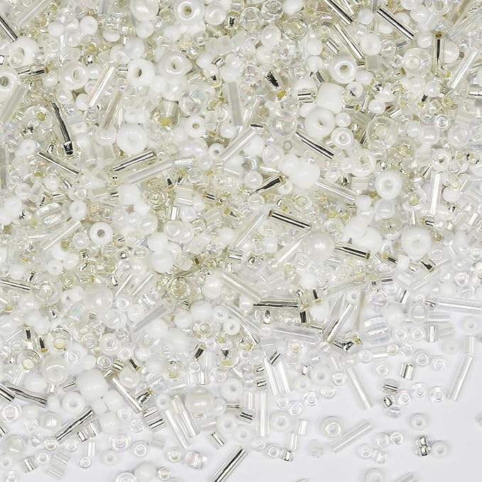 100g Mix Glass Tube Beads Bugle Beads,3800+pcs Glass Bulk Spacer Multi Size 2-6mm Kit for Jewelry Making DIY Craft Bracelets Necklace Earring Making (White Mixed)