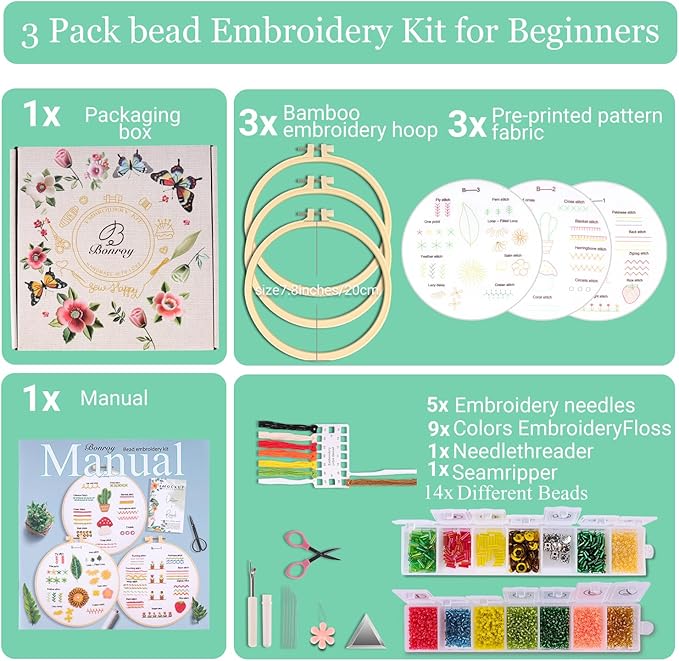 bonroy bead embroidery kit for adults beginners, learn to embroider 26 stitches, stitches kit, bead embroidery kit, beginner embroidery practice with step-by-step guide & video