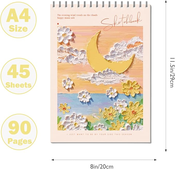Sketch Pad 8 x 11.5, Cute Spiral Notebook - Yellow Sketch Book Spiral Bound, 45 Sheets (90 Pages) 68lb/100gsm - Sketch Pads for Drawing, Ideal for Artists, Adults & Beginners (Orange)