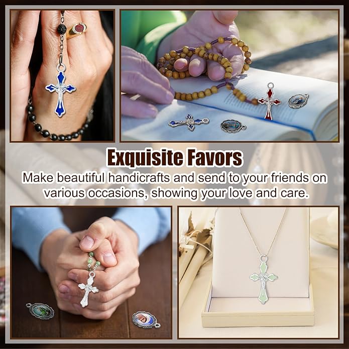 Rosary Making Kits Supplies Cross and Center Medal Charm Alloy Picture Religious Charms Crucifix Pendant for DIY Jewelry Making Prayer Bracelet Necklace Earring