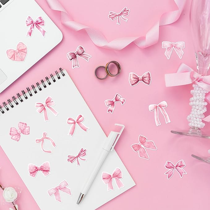 beyumi pink bows sticker roll - 1000pcs coquette pink bows stickers in 2 rolls waterproof vinyl girly aesthetic decal for gift laptop bottle scrapbooking luggage computer envelope decor for kids
