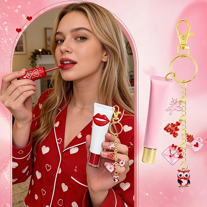 PYURTHITY 254 Pcs Valentine's Day Lip Gloss Keychain Charms Making Kit Include Valentine's Day Enamel Charms Keychain Clips Extender Chains Jump Ring Plier DIY Jewelry Crafts Gifts for Women Adults