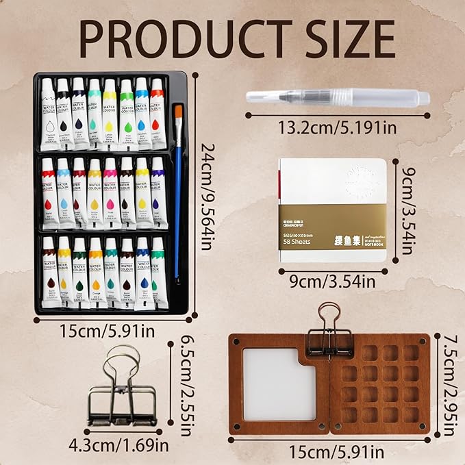 Mini Watercolor Travel Set, 24 Colors Portable Pocket Paint Kit with Watercolor Pens, Binder Clips & Walnut Wooden Box – Perfect for Outdoor Painting, Sketching & Art Journaling
